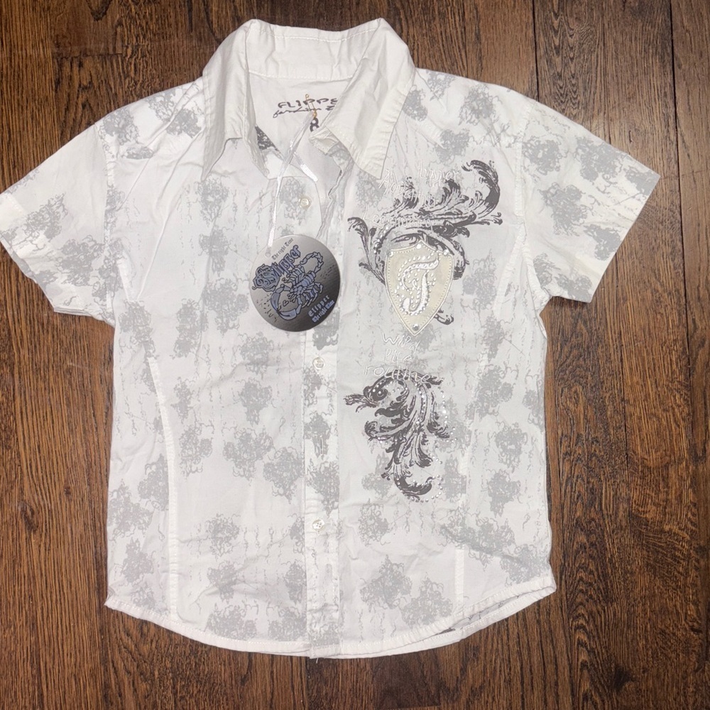 263. Vintage Kids White and Gray Patterned Shirt Size 8 Boys